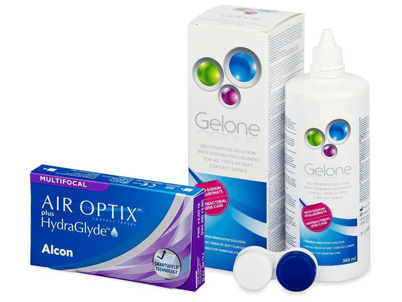 Air Optix plus HydraGlyde Multifocal (3 lentillas) + Líquido Gelone 360 ml - Pack ahorro
